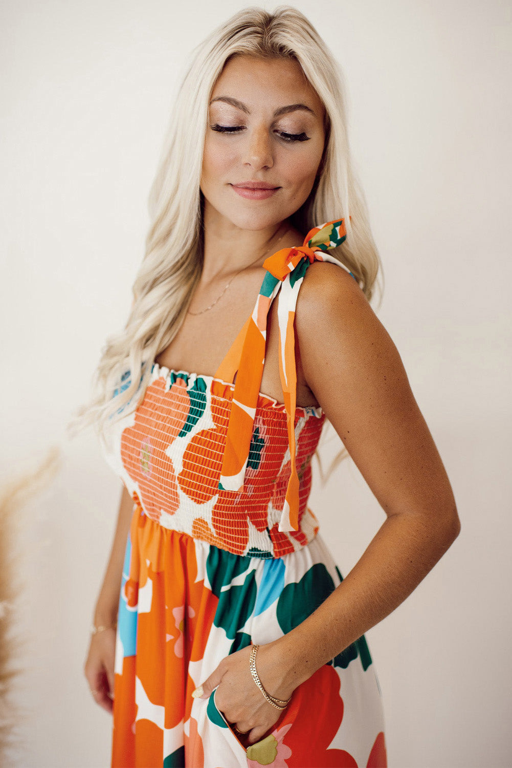 NOA - Oranje Bloemen Smocked Maxijurk