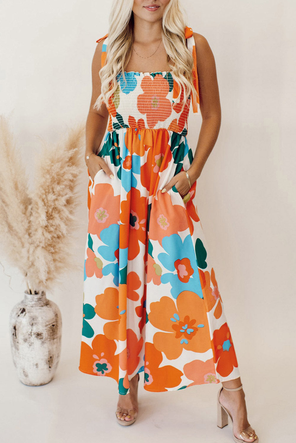 NOA - Oranje Bloemen Smocked Maxijurk