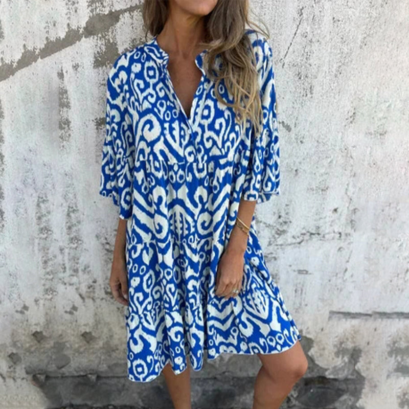 Astrid™ - V-hals Jurk met Driekwart Mouwen en Print