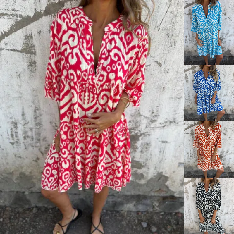 Astrid™ - V-hals Jurk met Driekwart Mouwen en Print