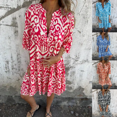 Astrid™ - V-hals Jurk met Driekwart Mouwen en Print