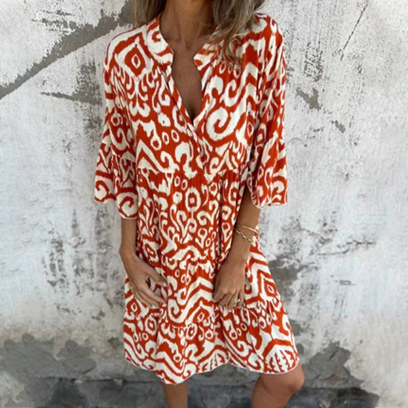 Astrid™ - V-hals Jurk met Driekwart Mouwen en Print