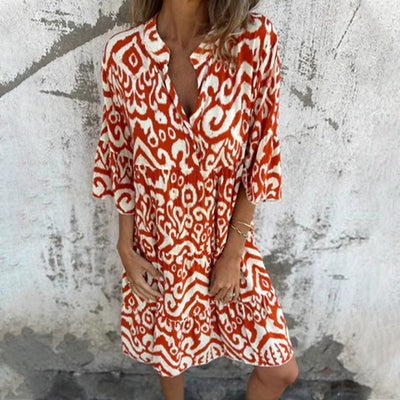Astrid™ - V-hals Jurk met Driekwart Mouwen en Print