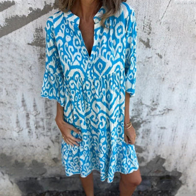 Astrid™ - V-hals Jurk met Driekwart Mouwen en Print