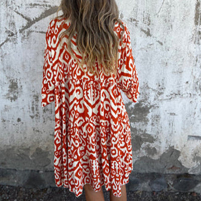Astrid™ - V-hals Jurk met Driekwart Mouwen en Print