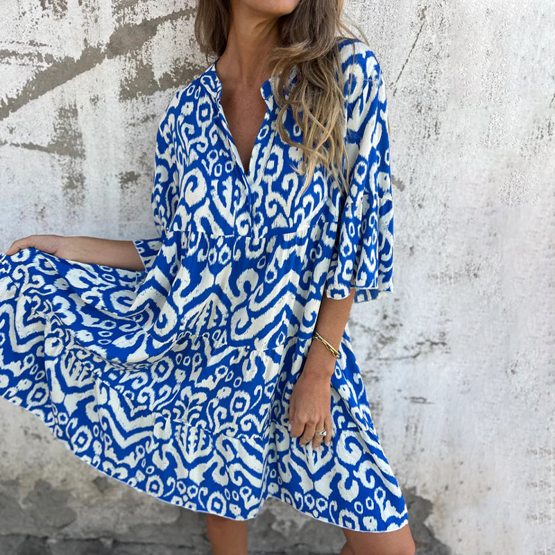 Astrid™ - V-hals Jurk met Driekwart Mouwen en Print