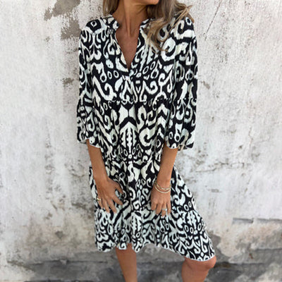 Astrid™ - V-hals Jurk met Driekwart Mouwen en Print