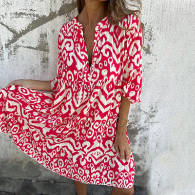 Astrid™ - V-hals Jurk met Driekwart Mouwen en Print