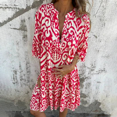 Astrid™ - V-hals Jurk met Driekwart Mouwen en Print